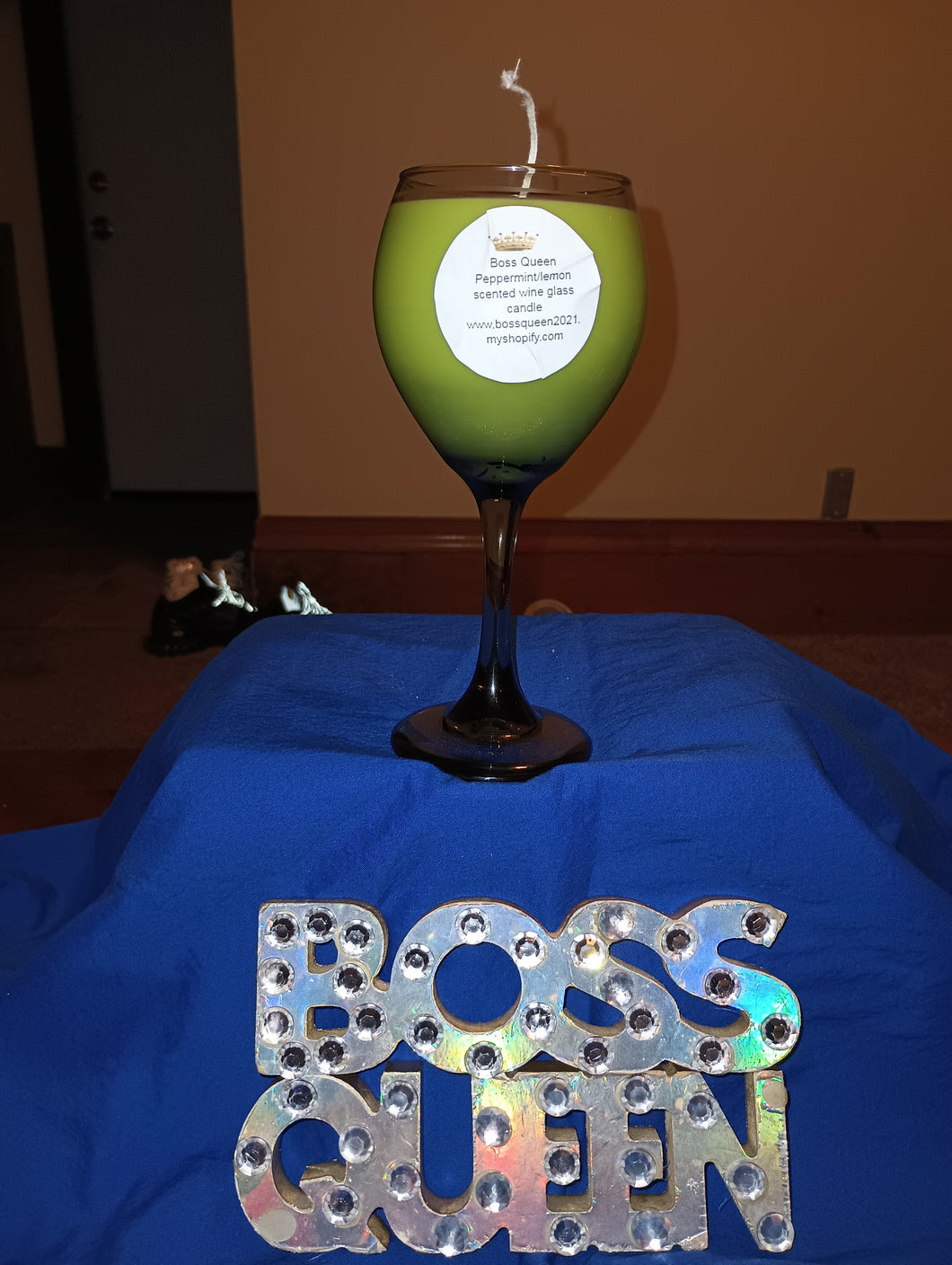 Peppermint/lemon scented wine glass candle